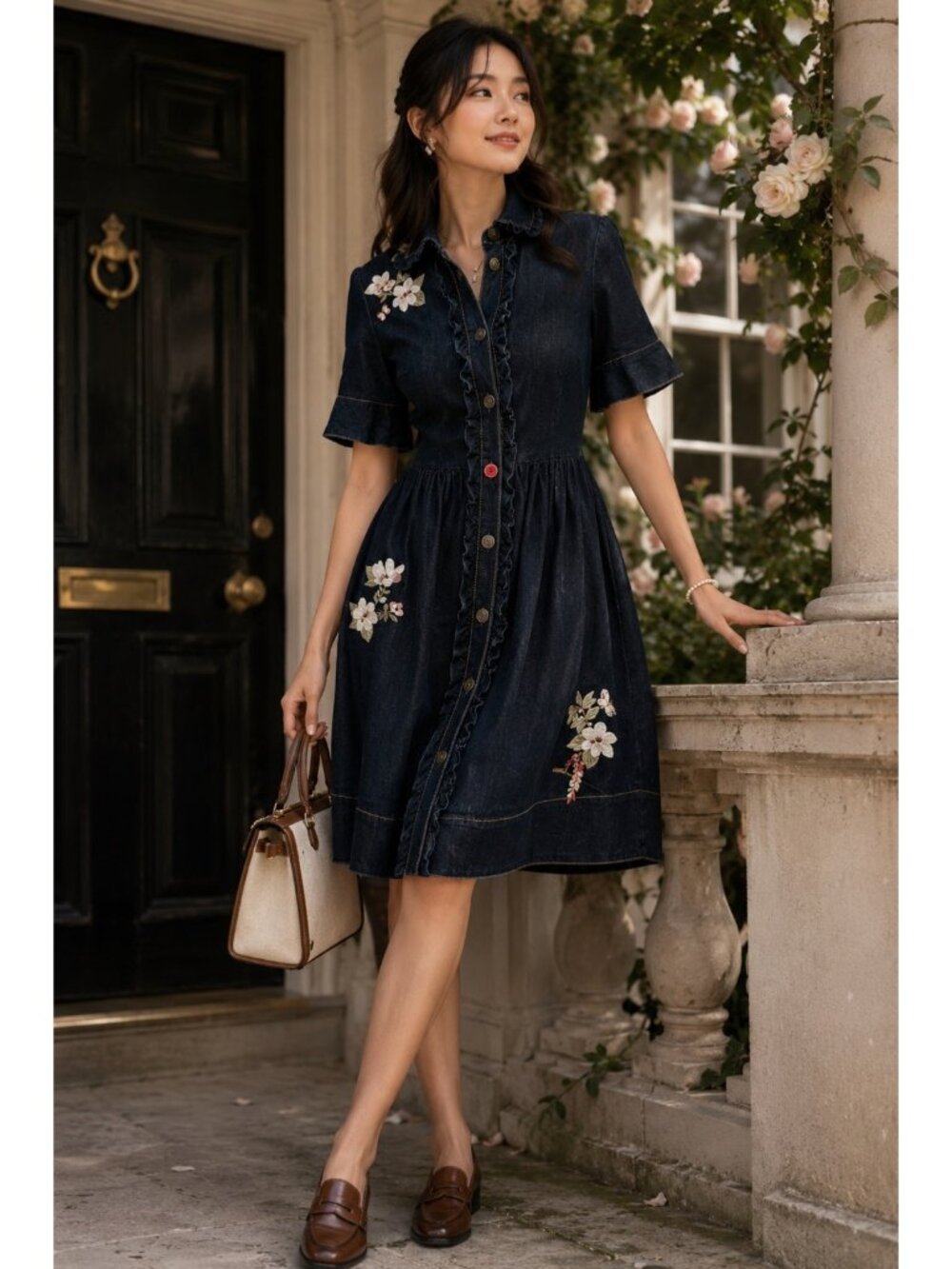 Kate Spade Embroidered Denim Shirt Dress Women’s 4? (See Measurements) Ruffle Bu - Picture 1 of 9